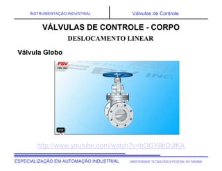 UNIVERSIDADE TECNOLÓGICA FEDERAL DO PARANÁ
ESPECIALIZAÇÃO EM AUTOMAÇÃO INDUSTRIAL
INSTRUMENTAÇÃO INDUSTRIAL Válvulas de Controle
DESLOCAMENTO LINEAR
VÁLVULAS DE CONTROLE - CORPO
Válvula Globo
http://www.youtube.com/watch?v=bOGY8hDJfKA
 