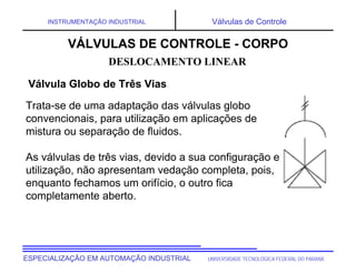 UNIVERSIDADE TECNOLÓGICA FEDERAL DO PARANÁ
ESPECIALIZAÇÃO EM AUTOMAÇÃO INDUSTRIAL
INSTRUMENTAÇÃO INDUSTRIAL Válvulas de Controle
Trata-se de uma adaptação das válvulas globo
convencionais, para utilização em aplicações de
mistura ou separação de fluidos.
As válvulas de três vias, devido a sua configuração e
utilização, não apresentam vedação completa, pois,
enquanto fechamos um orifício, o outro fica
completamente aberto.
DESLOCAMENTO LINEAR
VÁLVULAS DE CONTROLE - CORPO
Válvula Globo de Três Vias
 