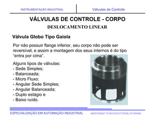 UNIVERSIDADE TECNOLÓGICA FEDERAL DO PARANÁ
ESPECIALIZAÇÃO EM AUTOMAÇÃO INDUSTRIAL
INSTRUMENTAÇÃO INDUSTRIAL Válvulas de Controle
Por não possuir flange inferior, seu corpo não pode ser
reversível, e assim a montagem dos seus internos é do tipo
“entra por cima”.
Alguns tipos de válvulas:
- Sede Simples;
- Balanceada;
- Micro Fluxo;
- Angular Sede Simples;
- Angular Balanceada;
- Duplo estágio e
- Baixo ruído.
DESLOCAMENTO LINEAR
VÁLVULAS DE CONTROLE - CORPO
Válvula Globo Tipo Gaiola
 