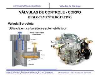 UNIVERSIDADE TECNOLÓGICA FEDERAL DO PARANÁ
ESPECIALIZAÇÃO EM AUTOMAÇÃO INDUSTRIAL
INSTRUMENTAÇÃO INDUSTRIAL Válvulas de Controle
Utilizada em carburadores automobilísticos.
DESLOCAMENTO ROTATIVO
VÁLVULAS DE CONTROLE - CORPO
Válvula Borboleta
 