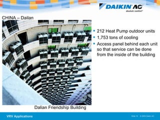 Dalian Friendship Building 212 Heat Pump outdoor units 1,753 tons of cooling Access panel behind each unit so that service can be done from the inside of the building CHINA – Dailan 