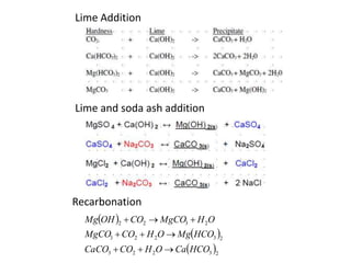 Lime Addition
Lime and soda ash addition
 
 
 23223
23223
2322
HCOCaOHCOCaCO
HCOMgOHCOMgCO
OHMgCOCOOHMg



Recarbonation
 