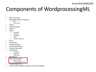 Components of WordprocessingML
• Main Document
• Paragraphs & Rich Formatting
– Runs
– Run Content
• Tables
• Custom Markup
• Sections
• Styles
– Paragraph
– Character
– Numbering
– Table
– Document Defaults
• Fonts
• Numbering
• Headers/Footers
• Footnotes/Endnotes
• Glossary Document
• Annotations
– Comments
– Revisions
– Bookmarks
• Mail Merge
• Document Settings
– Web Settings
– Compatibility Settings
• Fields & Hyperlinks
• Odds & Ends (Textboxes, Subdocuments, Extensibility)
Ecma/TC45/2006/209
 