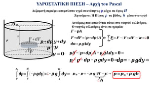 𝑭
ΥΔΡΟΣΤΑΤΙΚΗ ΠΙΕΣΗ – Αρχή του Pascal
h
Ζητούμενο: Η Πίεση p σε βάθος h μέσα στο υγρό
Α
𝑭 +𝒅𝑭
d
Δεξαμενή περιέχει ασυμπίεστο υγρό πυκνότητας ρ μέχρι σε ύψος Η
ρ
𝑨𝟎
𝒚
𝒚 =𝟎
𝒑
𝒑+𝒅𝒑 𝒚 +𝒅𝒚
𝑭 =𝒑𝑨
𝑭 +𝒅𝑭 =(𝒑+𝒅𝒑) 𝑨
𝒅𝒘=𝝆 𝒈𝑨𝒅𝒚
Δυνάμεις που ασκούνται πάνω στο νοητού κυλίνδρου.
O νοητός κύλινδρος είναι σε ηρεμία:
∑❑
𝑭 =𝑭 − ( 𝑭 +𝒅𝑭 )− 𝒘 =¿𝟎
𝒑𝑨−(𝒑+𝒅𝒑) 𝑨−𝝆 𝒈𝑨𝒅𝒚=𝟎⇒
𝒑 −𝒑−𝒅𝒑 −𝝆 𝒈𝒅𝒚=𝟎 ⇒𝒅𝒑=− 𝝆𝒈𝒅𝒚 ⇒
∫
𝒑
𝒑𝟎
𝒅𝒑=∫
𝒚
𝑯
(−𝝆 𝒈𝒅𝒚)=¿
¿ 𝒉
−𝝆 𝒈∫
𝒚
𝑯
𝒅𝒚 ⇒ 𝒑𝟎 − 𝒑=− 𝝆 𝒈( 𝑯 − 𝒚 ) ⇒ 𝒑=𝒑𝟎 +𝝆 𝒈𝒉
 