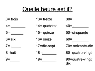 Quelle heure est il?
3= trois 13= treize 30=______
4= _______ 14= quatorze 40=________
5= ______ 15= quinze 50=cinquante
6= six 16= seize 60=________
7= _____ 17=dix-sept 70= soixante-dix
8=huit 18=_______ 80=quatre-vingt
9=_____ 19=_______ 90=quatre-vingt
dix
 