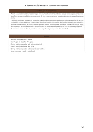 4.  ÁREA DE COMPETÊNCIAS-CHAVE DE CIDADANIA E EMPREGABILIDADE
103
Contexto (uso da competência)
• 
Perante a necessidade de ter uma alimentação mais equilibrada considerar a idade, o peso, a massa corporal, entre outros.
• 
Identificar, na sua rotina diária, comportamentos de risco e comportamentos que visam promover a sua saúde e da sua
família.
• 
No âmbito do contexto familiar e/ou profissional, identificar práticas adotadas/a adotar que visam a preservação de recursos
naturais (ex.: evitar o desperdício energético) e a redução de recursos materiais (ex.: reutilização, reciclagem, compostagem).
• 
Reconhecer a necessidade de adotar cuidados de higiene pessoal (nomeadamente, quando se convive com crianças, idosos
e/ou animais) e de higiene e segurança profissional, ex.: ao utilizar determinados espaços e/ou equipamentos/materiais.
• 
Numa visita a um museu de arte, respeitar que não se pode fotografar quadros utilizando o flash.
Recursos
• 
Recursos digitais e acesso à internet.
• 
Constituição da República Portuguesa.
• 
Serviço público responsável pelo património cultural.
• 
Serviço público responsável pela saúde.
• 
Serviço público responsável pelas condições do trabalho.
• Livros (impressos, e-books e audiolivros).
 