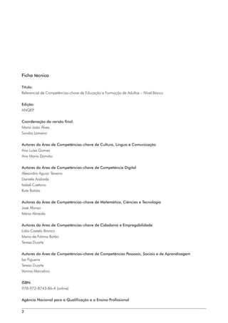 2
Ficha técnica
Título:
Referencial de Competências-chave de Educação e Formação de Adultos – Nível Básico
Edição:
ANQEP
Coordenação da versão final:
Maria João Alves
Sandra Lameira
Autores da Área de Competências-chave de Cultura, Língua e Comunicação
Ana Luísa Gomes
Ana Maria Damião
Autores da Área de Competências-chave de Competência Digital
Alexandra Aguiar Teixeira
Daniela Andrade
Isabel Caetano
Rute Batista
Autores da Área de Competências-chave de Matemática, Ciências e Tecnologia
José Afonso
Mária Almeida
Autores da Área de Competências-chave de Cidadania e Empregabilidade
Lídia Castelo Branco
Maria de Fátima Botão
Teresa Duarte
Autores da Área de Competências-chave de Competências Pessoais, Sociais e de Aprendizagem
Isa Figueira
Teresa Duarte
Vanina Marcelino
ISBN:
978-972-8743-86-4 (online)
Agência Nacional para a Qualificação e o Ensino Profissional
 