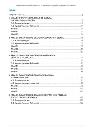 REFERENCIAL DE COMPETÊNCIAS-CHAVE DE EDUCAÇÃO E FORMAÇÃO DE ADULTOS – NÍVEL BÁSICO
3
Índice
Nota Introdutória..............................................................................................................5
1.	ÁREA DE COMPETÊNCIAS-CHAVE DE CULTURA,
LÍNGUA E COMUNICAÇÃO.........................................................................................9
1.1.	Fundamentação....................................................................................................9
1.2.	Apresentação do Referencial..............................................................................14
Nível B1......................................................................................................................14
Nível B2......................................................................................................................22
Nível B3......................................................................................................................34
2.	ÁREA DE COMPETÊNCIAS-CHAVE DE COMPETÊNCIA DIGITAL.................................45
2.1.	Fundamentação..................................................................................................45
2.2.	Apresentação do Referencial..............................................................................50
Nível B1......................................................................................................................50
Nível B2......................................................................................................................55
Nível B3......................................................................................................................62
3.	ÁREA DE COMPETÊNCIAS-CHAVE DE MATEMÁTICA,
CIÊNCIAS E TECNOLOGIA.........................................................................................71
3.1.	Fundamentação..................................................................................................71
3.2.	Apresentação do Referencial..............................................................................75
Nível B1......................................................................................................................75
Nível B2......................................................................................................................82
Nível B3......................................................................................................................88
4.	ÁREA DE COMPETÊNCIAS-CHAVE DE CIDADANIA
E EMPREGABILIDADE..................................................................................................95
4.1.	Fundamentação..................................................................................................95
4.2.	Apresentação do referencial...............................................................................98
Nível B1......................................................................................................................98
Nível B2....................................................................................................................104
Nível B3....................................................................................................................111
5.	ÁREA DE COMPETÊNCIAS-CHAVE DE COMPETÊNCIAS PESSOAIS,
SOCIAIS E DE APRENDIZAGEM................................................................................119
5.1.	Fundamentação................................................................................................119
5.2.	Apresentação do Referencial............................................................................122
 