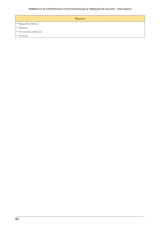 REFERENCIAL DE COMPETÊNCIAS-CHAVE DE EDUCAÇÃO E FORMAÇÃO DE ADULTOS – NÍVEL BÁSICO
80
Recursos
• Régua/fita métrica.
• Balança.
• Termómetro medicinal.
• Horários.
 