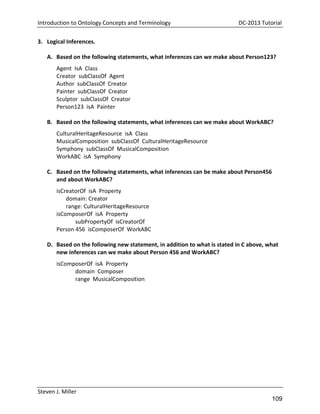 Introduction to Ontology Concepts and Terminology

DC-2013 Tutorial

3. Logical Inferences.
A. Based on the following statements, what inferences can we make about Person123?
Agent IsA Class
Creator subClassOf Agent
Author subClassOf Creator
Painter subClassOf Creator
Sculptor subClassOf Creator
Person123 isA Painter
B. Based on the following statements, what inferences can we make about WorkABC?
CulturalHeritageResource isA Class
MusicalComposition subClassOf CulturalHeritageResource
Symphony subClassOf MusicalComposition
WorkABC isA Symphony
C. Based on the following statements, what inferences can be make about Person456
and about WorkABC?
isCreatorOf isA Property
domain: Creator
range: CulturalHeritageResource
isComposerOf isA Property
subPropertyOf isCreatorOf
Person 456 isComposerOf WorkABC
D. Based on the following new statement, in addition to what is stated in C above, what
new inferences can we make about Person 456 and WorkABC?
isComposerOf isA Property
domain Composer
range MusicalComposition

Steven J. Miller

109

 