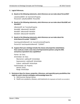 Introduction to Ontology Concepts and Terminology

DC-2013 Tutorial

4. Logical inferences.
A. Based on the following statements, what inferences can we make about Person456?
coAuthoredWith isA SymmetricProperty
Person123 coAuthoredWith Person456
B. Based on the following statements, what inferences can we make about WorkABC and
WorkDEF?
isRevisionOf isA TransitiveProperty
WorkABC isRevisionOf WorkDEF
WorkDEF isRevisionOf WorkGHI
WorkGHI isRevisionOf WorkXYZ
C. Based on the following statements, what inferences can we make about the
Artist Name ID number "1234567"?
hasUniqueArtistNameID isA InverseFunctionalProperty
Person123 hasUniqueArtistNameID "1234567"
D. Suppose that your ontology includes the classes and properties stated below.
How could you create a new class of all Expressionist painters using the OWL
anonymous equivalent class capabilities?
Painter isA Class
ArtisticStyle isA Class
Mannerism subClassOf ArtisticStyle
Expressionism subClassOf ArtisticStyle
Cubism subClassOf ArtisticStyle
hasArtistcStyle isA Property
domain: Artist
Range: ArtisticStyle
5. Brainstorm ideas for classes, properties, inferences, and especially query possibilities that
might be used in domain ontologies and knowledge-bases for:
A. 2016 Summer Olympic Games
B. Health care symptoms, diseases, and treatments (for laypeople and health care providers)

Steven J. Miller

155

 