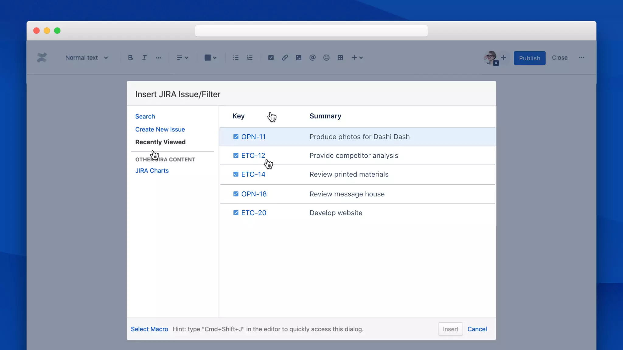Priority
MEDIU
HIGH
LOW
R
/jiraKey
OPN-11
ETO-12
ETO-14
OPN-18
ETO-20
Produce photos for Dashi Dash
Provide competitor analysis
Review printed materials
Review message house
Develop website
Summary
 