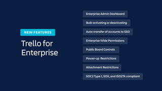 Trello for
Enterprise
Enterprise Admin Dashboard
Public Board Controls
Bulk activating or deactivating
Power-up Restrictions
Auto-transfer of accounts to SSO
Attachment Restrictions
Enterprise Wide Permissions
SOC2 Type 1, SOX, and ISO27k compliant
NEW FEATURES
 