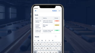 Goal Metrics Priority
Add 4 new items to
the delivery system.
15% more sign ups
Increase shares and
retweets by 20%
Expand new
offering
Increase
market
awareness
Create viral
social feed
HIGH
MEDIUM
LOW
20% more
evals
 