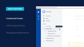 Contextual Create
Inline Drag and Drop
Redesigned Notifications
Updated 2 hou
Rose Yount
Pages Dashi D
PAGES
Our Team
Offsite planning
Messaging house
Campaign brief
Dashi Dash marketing site
Marketing links
Dashi Dash
Settings
Blog
Overview
Marketing
Driver
@Mia
JAN
App
Prototype 1
Sort content T
Create page
NEW FEATURES
 