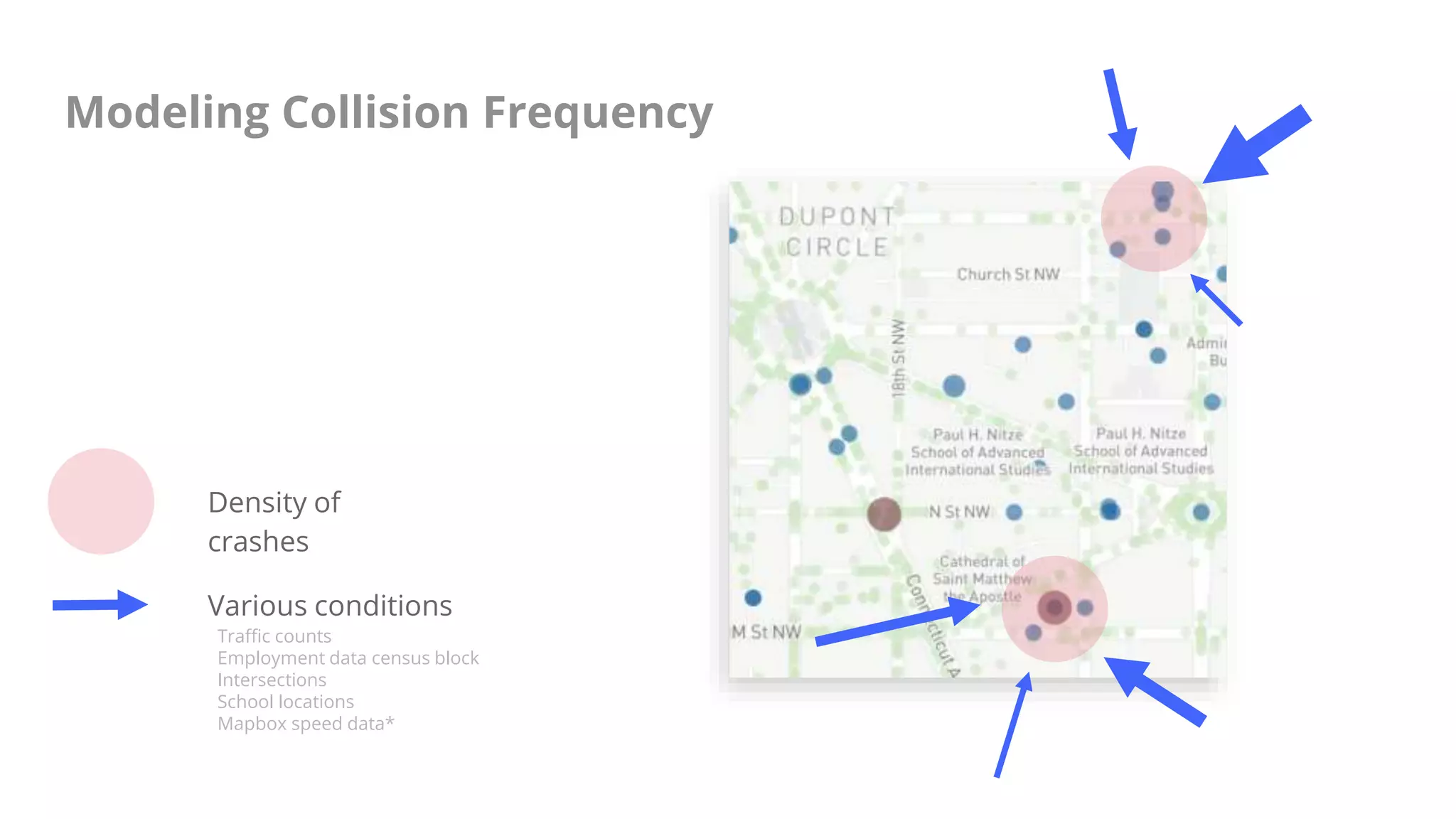 Modeling Collision Frequency
Various conditions
Traffic counts
Employment data census block
Intersections
School locations
Mapbox speed data*
Density of
crashes
 
