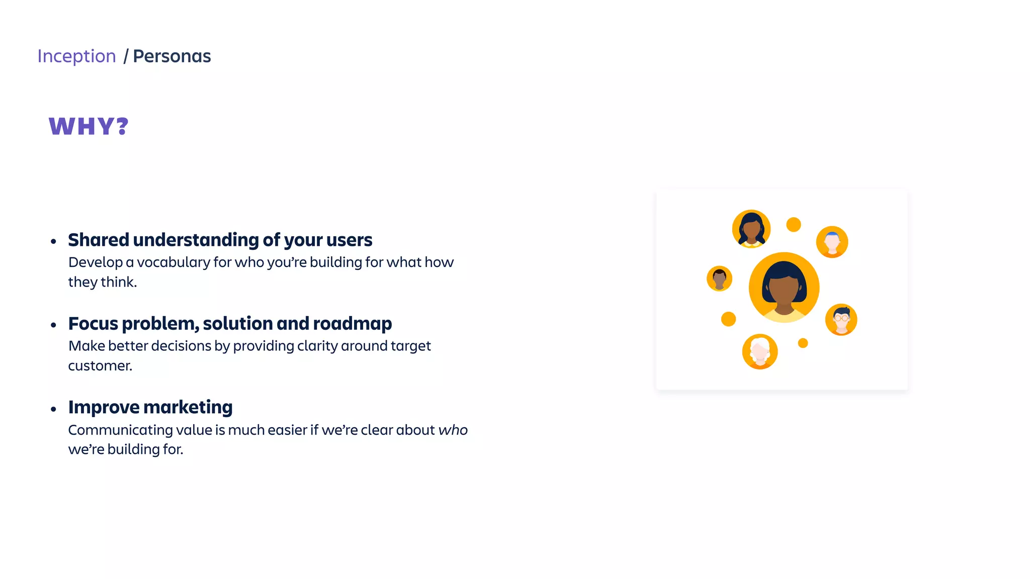 Inception / Personas
WHY?
 
• Shared understanding of your users 
Develop a vocabulary for who you’re building for what how
they think. 
• Focus problem, solution and roadmap 
Make better decisions by providing clarity around target
customer.
• Improve marketing 
Communicating value is much easier if we’re clear about who
we’re building for.
 