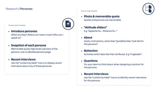 Research / Personas
Persona Page Template
• Photo & memorable quote 
Quotes and pictures are memorable.  
• “Attitude sliders” 
E.g. “Appetite for… Patience for…”
• About 
Goals, motivations, what does “good/bad day” look like for
this persona? 
• Behaviors  
Activities which describe their attributes. E.g “ringleader”.
• Questions 
For your team to think about when designing a solution for
this persona.
• Recent interviews 
Use the “content by label” macro to identify recent interviews
for this persona.
Persona Space Template
• Introduce personas 
What are they? Where can I learn more? Who can I
speak to? 
• Snapshot of each persona 
Memorable quote, high-level overview of the
persona. Link to detailed persona page.  
• Recent interviews 
Use the “content by label” macro to display recent
interviews about any of these personas.
 