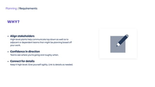 Planning / Requirements
WHY?
 
• Align stakeholders  
High-level plants help communicate top down as well as to
adjacent or dependent teams that might be planning based off
your work.
• Confidence in direction  
Teams see where you’re going and roughly when.
• Connect for details  
Keep it high-level. Give yourself agility. Link to details as needed.
 
