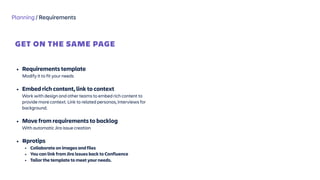 Planning / Requirements
GET ON THE SAME PAGE
 
• Requirements template  
Modify it to fit your needs
• Embed rich content, link to context  
Work with design and other teams to embed rich content to
provide more context. Link to related personas, interviews for
background. 
• Move from requirements to backlog 
With automatic Jira issue creation
• #protips
• Collaborate on images and files
• You can link from Jira issues back to Confluence
• Tailor the template to meet your needs.
 