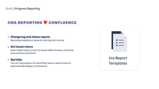 Build / Progress Reporting
JIRA REPORTING ❤ CONFLUENCE
Jira Report
Templates
 
• Change log and status reports  
Bootstrap snapshot or dynamic charting from the Jira
• Jira issues macro  
Insert single issues, a count of issues, table of issues, customize
your columns and charts! 
• #protips 
You can copy-paste a Jira issue filter, issue or search result to
automatically display in Confluence!
 