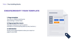 Tailor / Your building blocks
1. Page template
Your own, or modify an existing one.
Space Settings > Content Tools
2. Page properties macro
Add page metadata you want to capture 
and report on. Can be anything! (Macros, links, mentions…)
3. Add label(s)
As part of your page template to allow you to report on
pages for your label.
CREATE/MODIFY YOUR TEMPLATE
@
STATUS
@
 