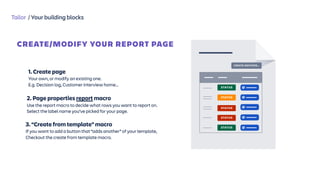 Tailor / Your building blocks
1. Create page
Your own, or modify an existing one.  
E.g. Decision log, Customer interview home…
2. Page properties report macro
Use the report macro to decide what rows you want to report on. 
Select the label name you’ve picked for your page.
3. “Create from template” macro
If you want to add a button that “adds another” of your template,
Checkout the create from template macro.
CREATE/MODIFY YOUR REPORT PAGE
CREATE ANOTHER…
STATUS
STATUS
STATUS
STATUS
STATUS
@
@
@
@
@
 