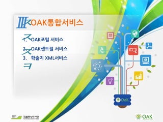 1. OAK포털 서비스
2. OAK센트럴 서비스
3. 학술지 XML서비스
OAK통합서비스ㅈ
ㅈ
ㅈ
ㅋ
 