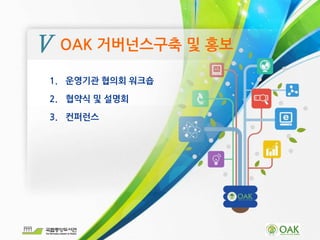 1. 운영기관 협의회 워크숍
2. 협약식 및 설명회
3. 컨퍼런스
OAK 거버넌스구축 및 홍보Ⅴ
 