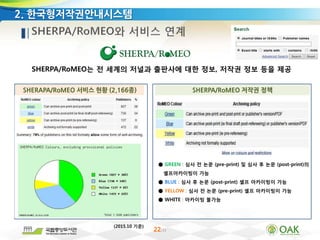 22/33
2. 한국형저작권안내시스템
SHERPA/RoMEO는 전 세계의 저널과 출판사에 대한 정보, 저작권 정보 등을 제공
(2015.10 기준)
● GREEN : 심사 전 논문 (pre-print) 및 심사 후 논문 (post-print)의
셀프아카이빙이 가능
● BLUE : 심사 후 논문 (post-print) 셀프 아카이빙이 가능
● YELLOW : 심사 전 논문 (pre-print) 셀프 아카이빙이 가능
● WHITE : 아카이빙 불가능
SHERAPA/RoMEO 서비스 현황 (2,166종) SHERPA/RoMEO 저작권 정책
 