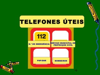 19
TELEFONES ÚTEIS
N.º DE EMERGÊNCIA
SERVIÇO MUNICIPAL DE
PROTECÇÃO CIVIL
PSP/GNR BOMBEIROS
 