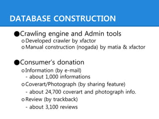 DATABASE CONSTRUCTION
●Crawling engine and Admin tools
o Developed crawler by xfactor
o Manual construction (nogada) by ma...