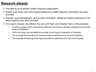 Research dataset
15
 Provided by an Australian health insurance organisation
 Patient (only those who had hospital admissions) health trajectory information has been
provided
 Disease, socio-demographic and all other information related to hospital admissions of all
these patients have been provided
 For a given disease, we defined ‘low cost’ and ‘high cost’ hospital. Here is the procedure
 Find the average costfor all patients (suffering from the same disease)admitted to the hospital
underconsideration
 In the sameway,we calculatedthe average costof a given diseasefor all hospitals
 The hospitals thatbelong to the lowestquartile are defined as the ‘low cost’hospitals
 The hospitals thatbelong to the highestquartile are definedas the ‘high cost’hospitals
 