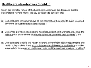 Healthcare stakeholders (contd...)
6
Given the complex nature of the healthcare sector and the decisions that the
stakeholders have to make, the key questions to consider are:
(a) Do healthcare consumers have all the information they need to make informed
decisions about their healthcare choices?;
(b) Do service providers like doctors, hospitals, allied health workers, etc. have the
full data that enable them to provide continuity of care to their patients?; and
(c) Do healthcare funders like health insurers, government health departments and
health policy makers have a complete picture of the entire health data to make
informed decisions about healthcare costs and the quality of services provided?
 