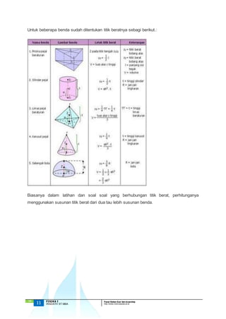 Untuk beberapa benda sudah ditentukan titik beratnya sebagi berikut.: 
Biasanya dalam latihan dan soal soal yang berhubungan titik berat, perhitunganya 
menggunakan susunan titik berat dari dua tau lebih susunan benda. 
`13 
11 FISIKA I Pusat Bahan Ajar dan eLearning 
IRADATH ST.MBA http://www.mercubuana.ac.id 
