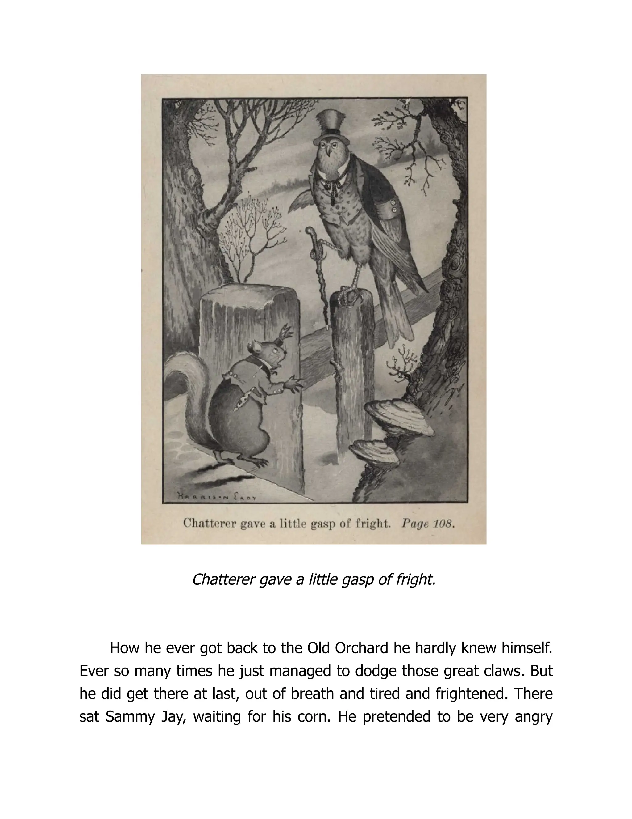Chatterer gave a little gasp of fright.
How he ever got back to the Old Orchard he hardly knew himself.
Ever so many times he just managed to dodge those great claws. But
he did get there at last, out of breath and tired and frightened. There
sat Sammy Jay, waiting for his corn. He pretended to be very angry
 