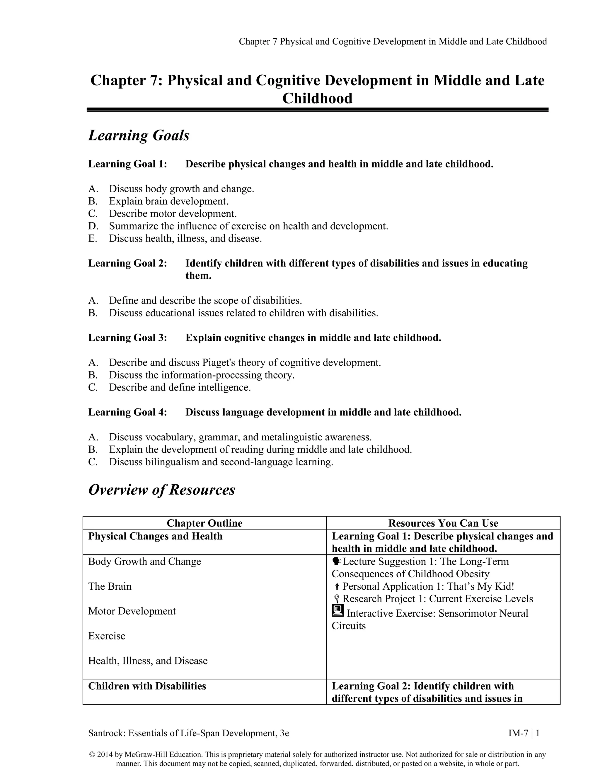 Chapter 7 Physical and Cognitive Development in Middle and Late Childhood
Santrock: Essentials of Life-Span Development, 3e IM-7 | 1
© 2014 by McGraw-Hill Education. This is proprietary material solely for authorized instructor use. Not authorized for sale or distribution in any
manner. This document may not be copied, scanned, duplicated, forwarded, distributed, or posted on a website, in whole or part.
Chapter 7: Physical and Cognitive Development in Middle and Late
Childhood
Learning Goals
Learning Goal 1: Describe physical changes and health in middle and late childhood.
A. Discuss body growth and change.
B. Explain brain development.
C. Describe motor development.
D. Summarize the influence of exercise on health and development.
E. Discuss health, illness, and disease.
Learning Goal 2: Identify children with different types of disabilities and issues in educating
them.
A. Define and describe the scope of disabilities.
B. Discuss educational issues related to children with disabilities.
Learning Goal 3: Explain cognitive changes in middle and late childhood.
A. Describe and discuss Piaget's theory of cognitive development.
B. Discuss the information-processing theory.
C. Describe and define intelligence.
Learning Goal 4: Discuss language development in middle and late childhood.
A. Discuss vocabulary, grammar, and metalinguistic awareness.
B. Explain the development of reading during middle and late childhood.
C. Discuss bilingualism and second-language learning.
Overview of Resources
Chapter Outline Resources You Can Use
Physical Changes and Health Learning Goal 1: Describe physical changes and
health in middle and late childhood.
Body Growth and Change
The Brain
Motor Development
Exercise
Health, Illness, and Disease
Lecture Suggestion 1: The Long-Term
Consequences of Childhood Obesity
Personal Application 1: That’s My Kid!
Research Project 1: Current Exercise Levels
Interactive Exercise: Sensorimotor Neural
Circuits
Children with Disabilities Learning Goal 2: Identify children with
different types of disabilities and issues in
 