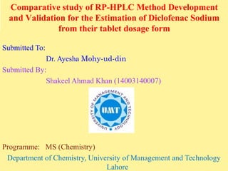 Submitted To:
Dr. Ayesha Mohy-ud-din
Submitted By:
Shakeel Ahmad Khan (14003140007)
Programme: MS (Chemistry)
Department of Chemistry, University of Management and Technology
Lahore
Comparative study of RP-HPLC Method Development
and Validation for the Estimation of Diclofenac Sodium
from their tablet dosage form
 