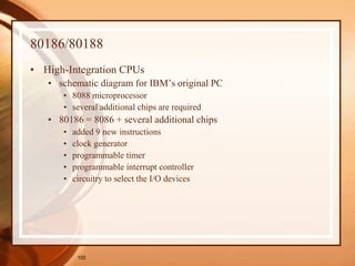 102
80186/80188
• High-Integration CPUs
• schematic diagram for IBM’s original PC
• 8088 microprocessor
• several additional chips are required
• 80186 = 8086 + several additional chips
• added 9 new instructions
• clock generator
• programmable timer
• programmable interrupt controller
• circuitry to select the I/O devices
 