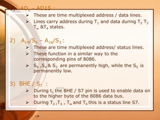 138
1) AD0 - AD15 :
 These are time multiplexed address / data lines.
 Lines carry address during T1 and data during T2 T3
Tw &T4 states.
2) A19/S6 – A16/S3 :
 These are time multiplexed address/ status lines.
 These function in a similar way to the
corresponding pins of 8086.
 S6 ,S4 & S3 are permanently high, while the S5 is
permanently low.
3) BHE / S7 :
 During t1 the BHE / S7 pin is used to enable data on
to the higher byte of the 8086 data bus.
 During T2 ,T3 , Tw and T4 this is a status line S7.
 