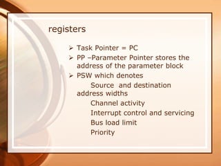  Task Pointer = PC
 PP –Parameter Pointer stores the
address of the parameter block
 PSW which denotes
Source and destination
address widths
Channel activity
Interrupt control and servicing
Bus load limit
Priority
registers
 