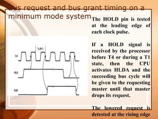 Bus request and bus grant timing on a
minimum mode systemThe HOLD pin is tested
at the leading edge of
each clock pulse.
If a HOLD signal is
received by the processor
before T4 or during a T1
state, then the CPU
activates HLDA and the
succeeding bus cycle will
be given to the requesting
master until that master
drops its request.
The lowered request is
detested at the rising edge
 