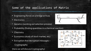 Some of the applications of Matrix
▪ Engineering forces on a bridge or truss
▪ Electronics
▪ Genetics (working out selection process)
▪ Probability (finding quantities in a chemical reaction)
▪ Chemistry
▪ Economics (study of stock market, etc)
▪ Encryption And decryption messages –
Cryptography
(here we will discuss Cryptography)
 
