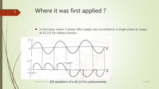 Where it was first applied ?
 In Germany, where 3-phase 50hz supply was converted to a single phase ac suppy
at 16 2/3 for railway traction.
I/O waveform of a 16 2/3 hz cycloconverter 4/9/2016Kashyap Mandaliya
3
 