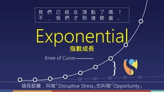 Exponential
Knee of Curve
我 們 已 經 在 頂 點 了 嗎 ？
不 ， 我 們 才 到 達 膝 蓋 。
指數成長
}
這段距離，叫做「Disruptive Stress」也叫做「Opportunity」
 