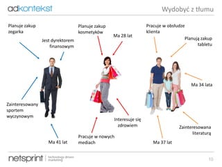 10
Zainteresowana
literaturą
Planują zakup
tabletu
Ma 28 lat
Planuje zakup
zegarka
Ma 41 lat
Pracuje w nowych
mediach
Interesuje się
zdrowiem
Jest dyrektorem
finansowym
Zainteresowany
sportem
wyczynowym
Planuje zakup
kosmetyków
Ma 37 lat
Ma 34 lata
Pracuje w obsłudze
klienta
Wydobyć z tłumu
 