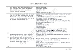 1400 BÀI TOÁN TIỂU HỌC
SƯU TẦM
rằng cạnh hình vuông hơn chiều rộng hình chữ
nhật 7cm và kém chiều dài hình chữ nhật 4cm.
Diện tích hình vuông lớn hơn diện tích hcn
100cm2. Tính cạnh hình vuông?
Cạnh hình vuông là a+7
Nhìn vào hình vẽ ta thấy :
7×(a+7)-4×a=100
a=17.
Cạnh hình vuông là 17+7=24 cm
396
Cho hình chữ nhật ABCD, AB = DC = 30 cm, AD
= BC = 20 cm, Điểm M là trung điểm của đoạn
BC. Điểm N là trung điểm của đoạn DC. Nối A
với C, A với M. Nối BN cắt AM tại E, cắt AC tại
F. Tính phần diện tích tam giác AEF.
S(ABCD)=600.S(NBC)=S(ABM)=150.S(ABC)=300..S(ANC)=S(AMC)=
1/4S(ABCD).
Gọi MH và NI lần lượt là chiều cao của tam giác ANC và AMC.
MH=NI( dt ANC=AMC và chung đáy AC).
S(MFC)=S(NFC)(chung đáy FC và chiều cao MH=NI).
S(MFC)=S(MFB) (chung chiều cao hạ từ Fxuống BC và đáy MC=MB)
suy ra S(FMC)=1/3S(NBC)=1/3× 150
=50.S(AFM)
=S(ABC)-S(FMC)-S(ABM)
=300-50-150=100
S(BMN)=1/4S(ABN)
Gọi MK và AG lần lượt là chiều cao của tam giác BMN và ABN.
Suy ra: MK=1/4AG(▲ BMN=1/4▲ABN và chung đáy NB).
S(MEF)=1/4S(AEF)(chung đáy EF và chiều cao MK=1/4AG) hay
S(AEF)=4/5×S(AMF)=4/5×100=80
397
Có 400 viên gạch, mỗi viên gạch có cạnh dài
30cm, ta xếp các viên gạch đó thành hình vuông.
Hỏi mỗi cạnh hình vuông dài bao nhiêu mét?
400 viên thì muốn xếp hình vuông thì tương ứng mỗi cạnh là 20 viên, ta
lấy 20×30=600cm=6m
398
Cho phân số 45/67. Tìm số tự nhiên m sao cho khi
bớt m ở tử số và thêm m vào mẫu sô của phân số
đó ta được phân số có giá trị bằng 5/9.
Do đã bớt cả tử và mẫu cùng 1 số m nên tổng của tử và mẫu không đổi,
hay phân số mới có tổng của tử số và mẫu số bằng:
45 + 67 = 112
Vì phân số mới có giá trị bằng 5/9 nên coi tử số là 5 phần bằng nhau thì
mẫu số là 9 phần như thế ( vẽ sơ đồ )
Từ sơ đồ ta có:
Giá trị 1 phần là: 112 :(5+9) = 8
 