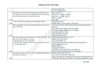 1400 BÀI TOÁN TIỂU HỌC
SƯU TẦM
Số sách ở ngăn B là:
96 - 36 = 60 ( quyển )
413
Tìm một số có ba chữ số biết rằng khi viết thêm chữ số 1
vào bên phải số đó thì được số gấp 3 lần số có được bằng
cách viết thêm chữ số 2 vào bên trái số đó.
abc1 = 2abc x 3
abc x10 +1 = (2000 + abc)x3
abc x10 + 1 = 6000 + abc x 3
abc x 7 = 5999
abc = 857
414
Tìm 2 số biết tích và thương của chúng đều bằng 5. axb=5.(0<a,b<=5)
a=5xb. Nen b = 1( vi a <hoac = 5) vay a=5
415
Tuổi chị gấp đôi tuổi em, tuổi chị bằng 1/4 tuổi mẹ và mẹ
hơn chị 24 tuổi
T chị =1/4 tuổi mẹ, tuổi mẹ hơn tuổi chị 24 tuổi là bài toán
hiệu tỷ,
vẽ sơ đồ: tuổi mẹ 4 phần, tuổi chị 1 phần. .
tính hiệu số phần bằng nhau: 4-1=3 phần .
tuổi chị là 24:3*1=8 tuổi,
tuổi mẹ là 8:24=32 tuổi,
tuổi em là 8:2=4 tuổi
416
Bạn An viết dãy số: 1,0,0,1,0,0,1,0,0,1...(Bắt đầu lả số 1, tiếp
đến 2 số 0 rồi lại đến số 1,...) Hỏi:
a, Số hạng thứ 31 là số 1 hay số 0?
b, Khi viết đến số hạng thứ 100 thì ta viết được bao nhiêu
số 1, bao nhiêu số 0?
Dãy số trên gồm các nhóm 1, 0, 0.
Nhóm 1,0,0 có 3 chữ số.
Ta có 31:3=10(dư 1).
Vậy số hạng thứ 31 là chữ số đầu tiên của nhóm thứ 11.
Vậy số hạng thứ 31 là 1
100:3=33(dư 1).
Số hạng thứ 100 là 1.
Mỗi nhóm 1,0,0 có 2 chữ số 0. và 1 chữ số 1.
Vậy có 33 x 2= 66 chữ số 0. 33+1=34 chữ số 1
417
Số có 2013 chữ số 7 khi chia cho 15 thì phần thập phân của
thương là bao nhiêu?
Gọi số có 2013 chữ số 7 là A.
Ta có: A/15 = A/3 x 1/5 = A/3 x 0,2
Một số chia hết cho 3 khi tổng các chữ số của số đó chia hết cho
3. Tổng các chữ số của A là 2013 x 7. Vì 2013 chia hết cho 3 nên
 