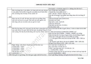 1400 BÀI TOÁN TIỂU HỌC
SƯU TẦM
Từ (1);(2) => A+B tận cùng là 3 => không chia hết cho 5
434
Một cửa hàng bán 2 sản phẩm với cùng một mức giá, nhưng
1 sản phẩm thì lãi 20% trong khi sản phẩm kia lỗ mất 20%.
Hỏi cửa hàng huề, lãi hoặc lỗ bao nhiêu %?
Gọi x là giá bán 1sản phẩm.
Doanh thu 2 sản phẩm là 2x.
Vốn = 8x/10 + 10x/8 = 25x/12 > 2x
Vậy nếu số lượng 2 sản phẩm bán bằng nhau thì cửa hàng lỗ
4%
435
Năm nay mẹ 31 tuổi. 30 năm nữa tuổi của mẹ bằng tổng
tuổi của con trai và con gái. Tính tuổi của mỗi người con,
biết rằng tuổi em trai kém tuổi em gái là 3 tuổi.
Tuỏi mẹ 30 nam nữ a là 30+31=61
Em kém chị 3 tuỏi.
Vạy tuỏi e = (61- 3)/2=29.
Tuỏi chị =29+3=31.
Vạy hiẹn tại tuỏi chị = 31-30=1.
E chưa được sinh
436
Một tốp thợ dùng 325 viên gạch lát nền hình vuông gồm hai
loại cạnh 20cm và cạnh 30cm để lát một căn phòng rộng 23
mét vuông. Hỏi tốp thợ đó đã dùng mỗi loại bao nhiêu viên?
Giả sử lát toàn bộ đều là gạch 20cm, 1 viêm có diện tích là 400
cm2
=> diện tích lát được là 400x325=130000 cm2
diện tích hụt đi là 230000 - 130000= 100000 cm vuông.
Diện tích hụt đi vì ta thay số gạch 30cm cần lát bằng số gạch
20cm mà 1 viên gạch 30 cm có S là 900 cm vuông
=> 1 viên gạch 30cm nếu lát sẽ bị hụt đi 900 - 400 = 500 cm
vuông
vậy số gạch cạnh 30cm cần tìm là 100000 : 500 = 200 viên.
Số gạch cạch 20cm là 325 - 200 = 125 viên
437
Ngày, tháng , năm được chuyên gia mã hóa như sau:
12/04/1996 = 6814
11/05/2003 = 6816
21/09/2009 = 6815
Thế thì theo các bác:
18/09/2013 = ?
12 = one two = 6 chữ cái = 6
04 = zero four = 8 chữ cái = 8
1996 = one nine nine six = 14 chữ cái = 14
--> 12/04/1996 = 6814
Tương tự như vậy cho các mã còn lại, và theo cách suy luận đó
ta sẽ có 18/09/2013 = 8815
438 Hiện giờ là 5 giờ đúng. Hỏi thời gian ngắn nhất để hai kim Lúc 5 giờ đúng, khoảng cách giữa hai kim là 5/12 vòng.
 