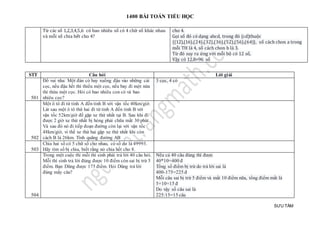 1400 BÀI TOÁN TIỂU HỌC
SƯU TẦM
Từ các số 1,2,3,4,5,6 có bao nhiêu số có 4 chữ số khác nhau
và mỗi số chia hết cho 4?
cho 4.
Gọi số đó có dạng abcd, trong đó (cd)thuộc
{(12),(16),(24),(32),(36),(52),(56),(64)}, số cách chon a trong
mỗi TH là 4, số cách chon b là 3.
Từ đó suy ra ứng với mỗi bộ có 12 số,
Vậy có 12.8=96 số
STT Câu hỏi Lời giải
501
Đố vui nha: Một đàn cò bay xuống đậu vào những cái
cọc, nếu đậu hết thì thiếu một cọc, nếu bay đi một nửa
thì thừa một cọc. Hỏi có bao nhiêu con cò và bao
nhiêu cọc?
3 cọc, 4 cò
502
Một ô tô đi từ tỉnh A đến tỉnh B với vận tốc 40km/giờ.
Lát sau một ô tô thứ hai đi từ tỉnh A đến tỉnh B với
vận tốc 52km/giờ để gặp xe thứ nhất tại B. Sau khi đi
được 2 giờ xe thứ nhất bị hỏng phải chữa mất 30 phút.
Và sau đó nó đi tiếp đoạn đường còn lại với vận tốc
48km/giờ, vì thế xe thứ hai gặp xe thứ nhất khi còn
cách B là 26km. Tính quãng đường AB
503
Chia hai số có 5 chữ số cho nhau, có số dư là 49993.
Hãy tìm số bị chia, biết rằng nó chia hết cho 8.
504
Trong một cuộc thi mỗi thí sinh phải trả lời 40 câu hỏi.
Mỗi thí sinh trả lời đúng được 10 điểm còn sai bị trừ 5
điểm. Bạn Dũng được 175 điểm. Hỏi Dũng trả lời
đúng mấy câu?
Nếu cả 40 câu đúng thì được
40*10=400 đ
Tổng số điểm bị trừ do trả lời sai là
400-175=225 đ
Mỗi câu sai bị trừ 5 điểm và mất 10 điểm nữa, tổng điểm mất là
5+10=15 đ
Do vậy số câu sai là
225:15=15 câu
 